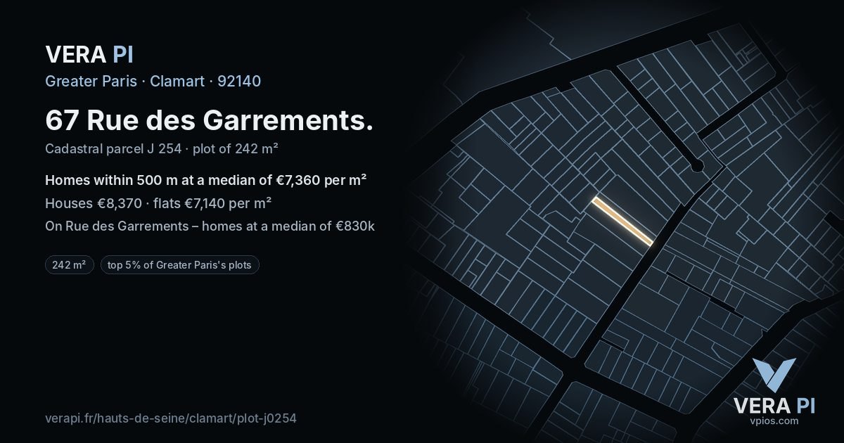 67 Rue des Garrements, Clamart at night – the plot lit, the parcels around coloured by the prices near them