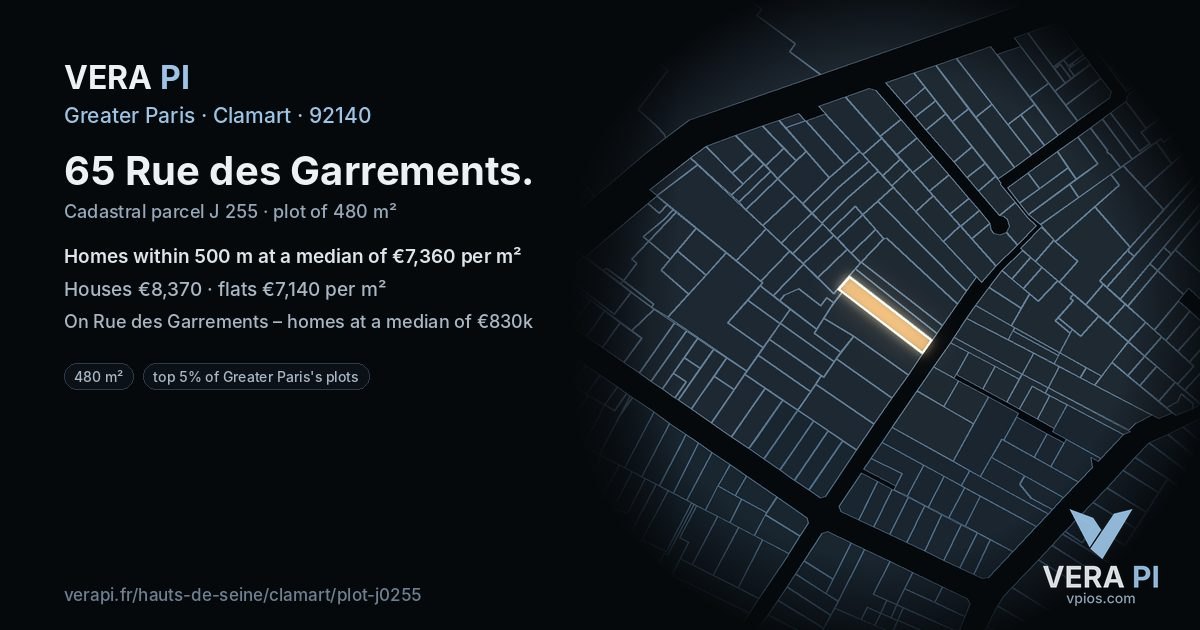 65 Rue des Garrements, Clamart at night – the plot lit, the parcels around coloured by the prices near them