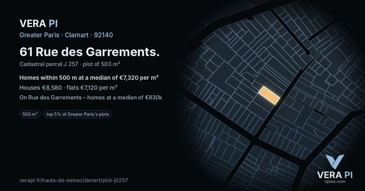 61 Rue des Garrements, Clamart at night – the plot lit, the parcels around coloured by the prices near them