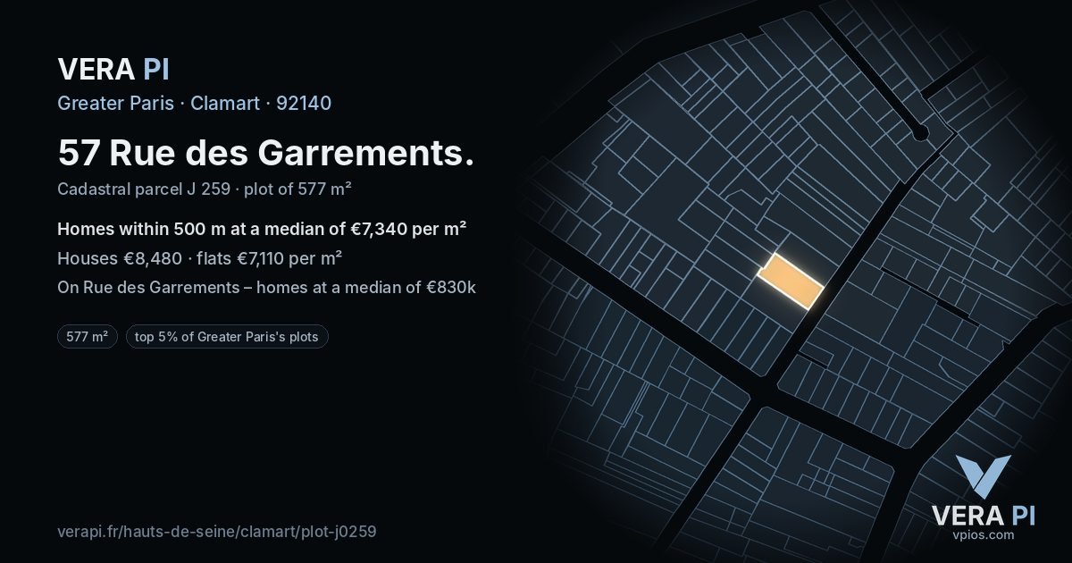 57 Rue des Garrements, Clamart at night – the plot lit, the parcels around coloured by the prices near them