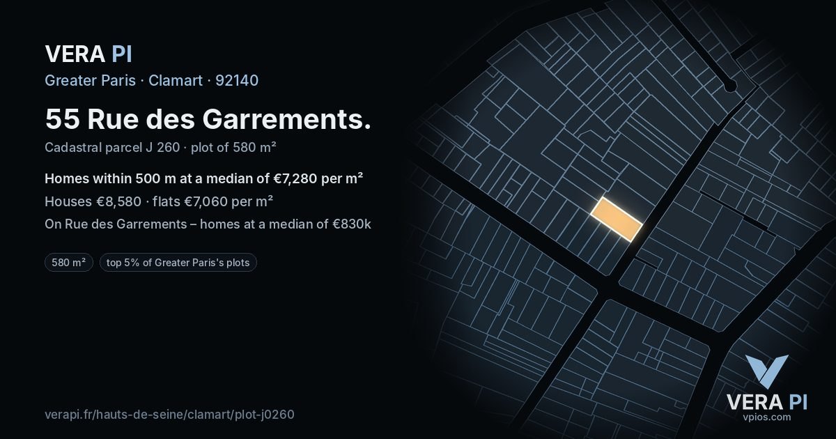 55 Rue des Garrements, Clamart at night – the plot lit, the parcels around coloured by the prices near them