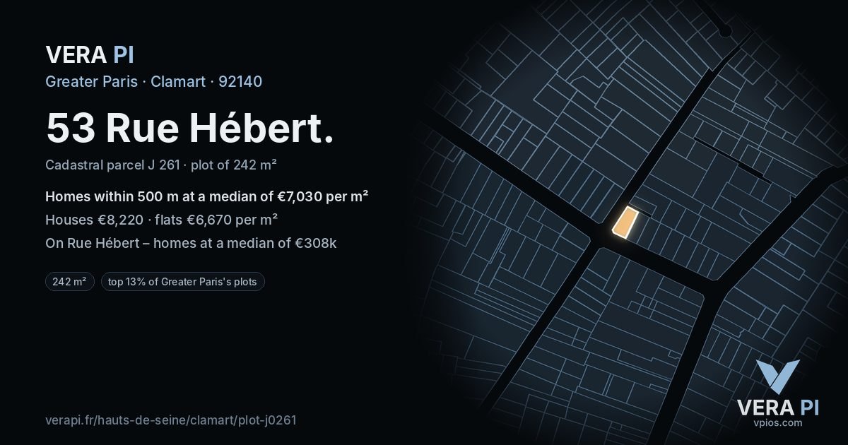 53 Rue Hébert, Clamart at night – the plot lit, the parcels around coloured by the prices near them