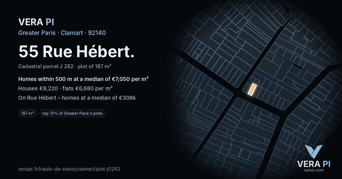 55 Rue Hébert, Clamart at night – the plot lit, the parcels around coloured by the prices near them