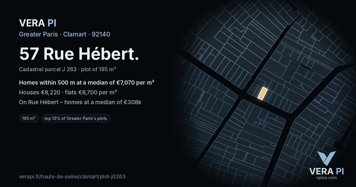 57 Rue Hébert, Clamart at night – the plot lit, the parcels around coloured by the prices near them