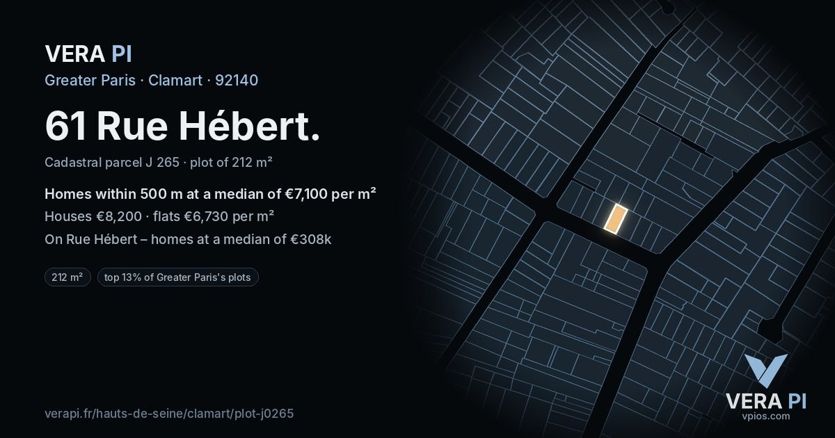 61 Rue Hébert, Clamart at night – the plot lit, the parcels around coloured by the prices near them