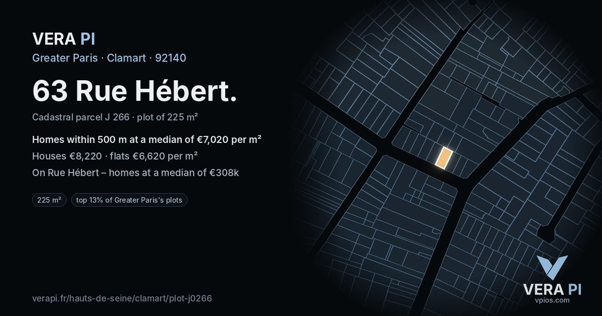 63 Rue Hébert, Clamart at night – the plot lit, the parcels around coloured by the prices near them