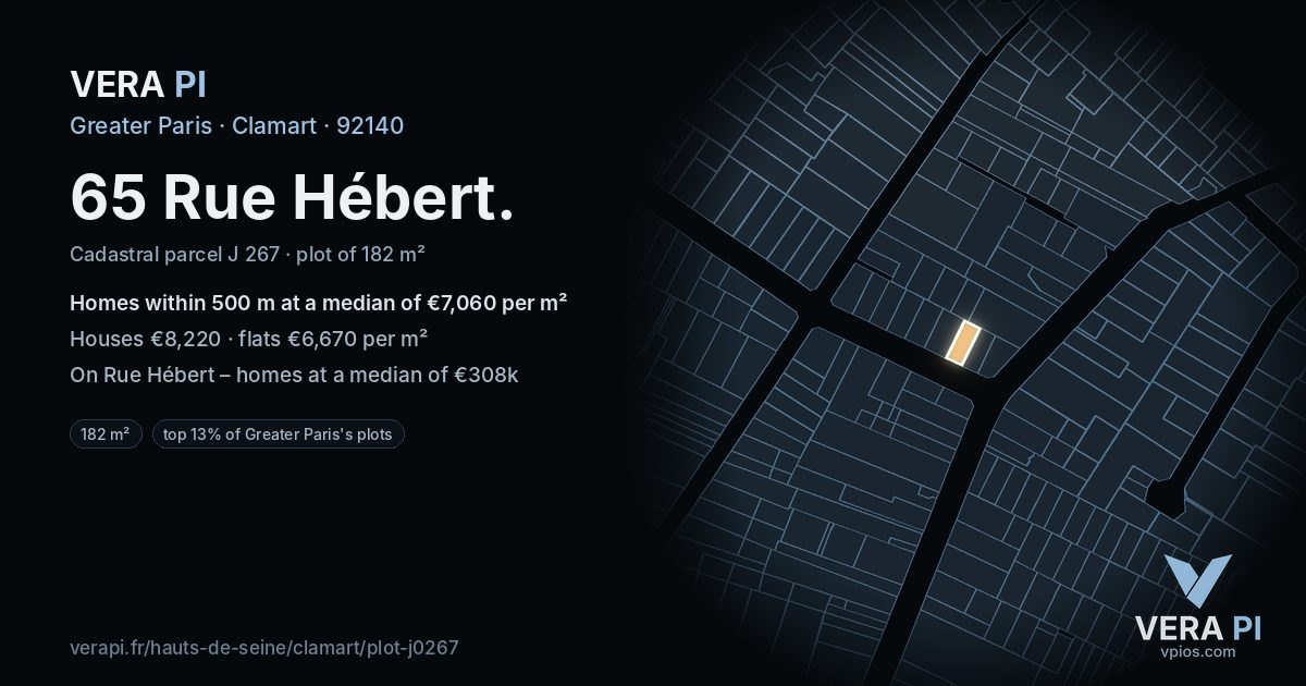 65 Rue Hébert, Clamart at night – the plot lit, the parcels around coloured by the prices near them