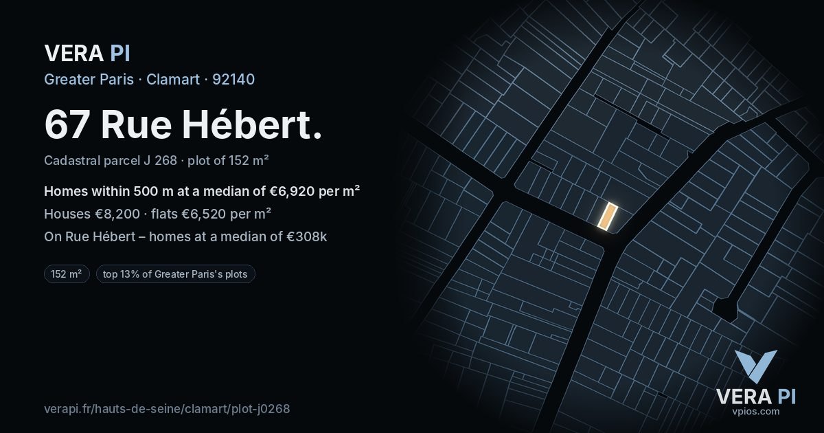 67 Rue Hébert, Clamart at night – the plot lit, the parcels around coloured by the prices near them