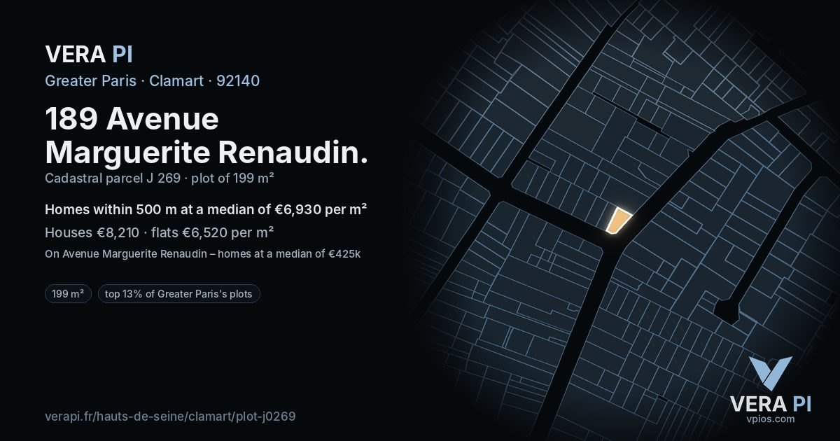189 Avenue Marguerite Renaudin, Clamart at night – the plot lit, the parcels around coloured by the prices near them