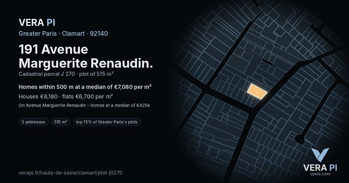 191 Avenue Marguerite Renaudin, Clamart at night – the plot lit, the parcels around coloured by the prices near them