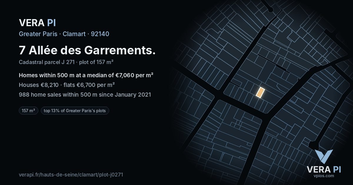 7 Allée des Garrements, Clamart at night – the plot lit, the parcels around coloured by the prices near them
