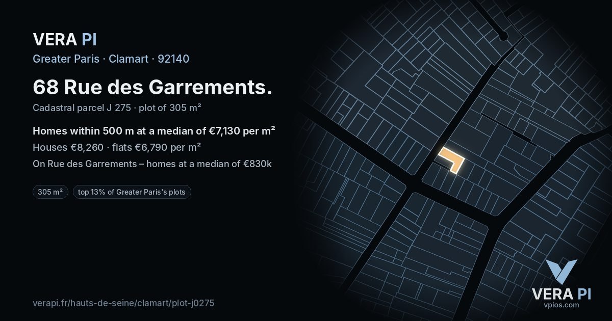 68 Rue des Garrements, Clamart at night – the plot lit, the parcels around coloured by the prices near them