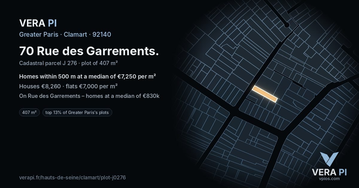 70 Rue des Garrements, Clamart at night – the plot lit, the parcels around coloured by the prices near them
