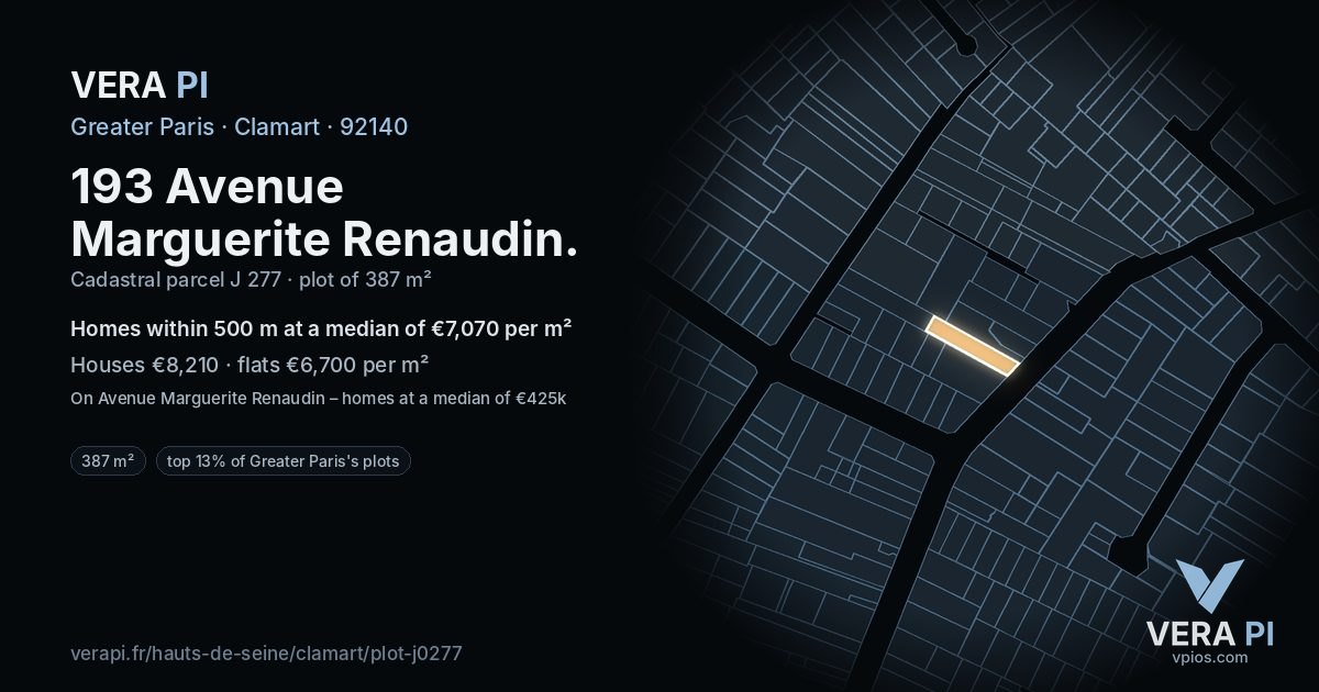193 Avenue Marguerite Renaudin, Clamart at night – the plot lit, the parcels around coloured by the prices near them