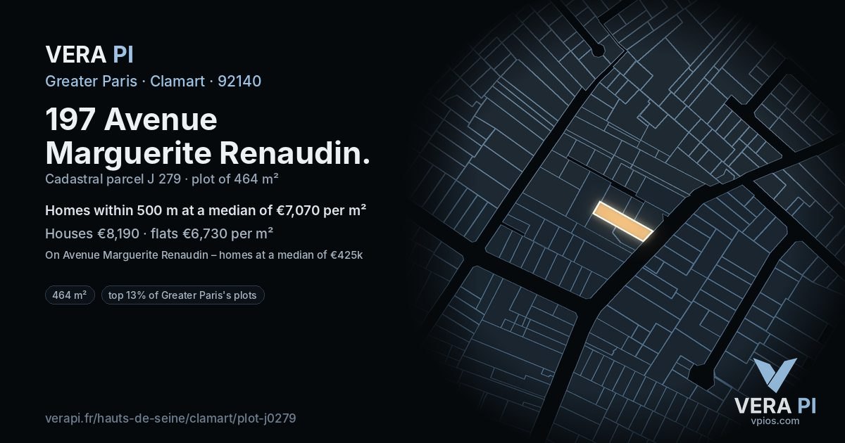 197 Avenue Marguerite Renaudin, Clamart at night – the plot lit, the parcels around coloured by the prices near them