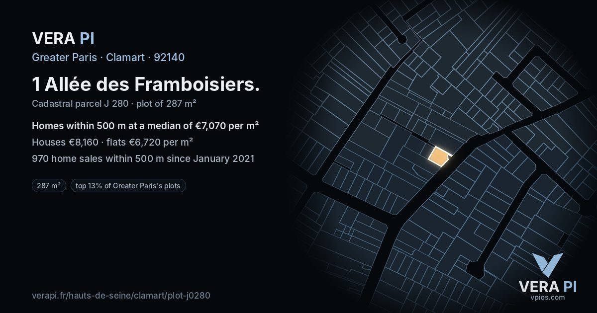 1 Allée des Framboisiers, Clamart at night – the plot lit, the parcels around coloured by the prices near them