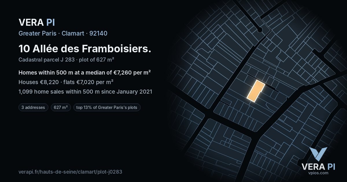 10 Allée des Framboisiers, Clamart at night – the plot lit, the parcels around coloured by the prices near them