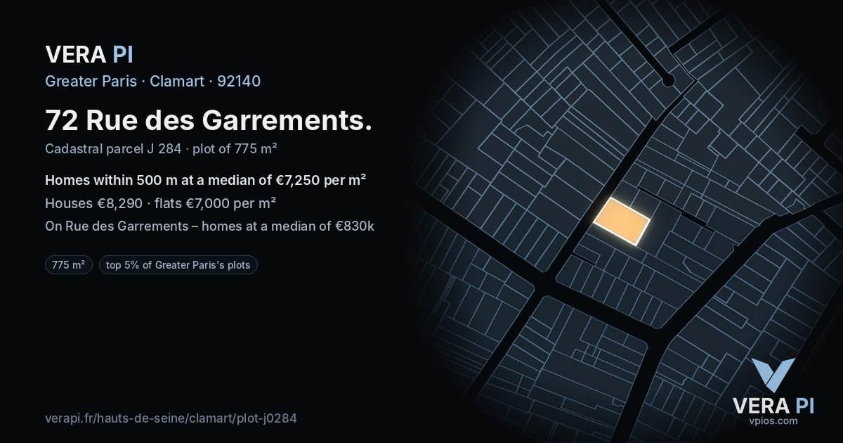 72 Rue des Garrements, Clamart at night – the plot lit, the parcels around coloured by the prices near them