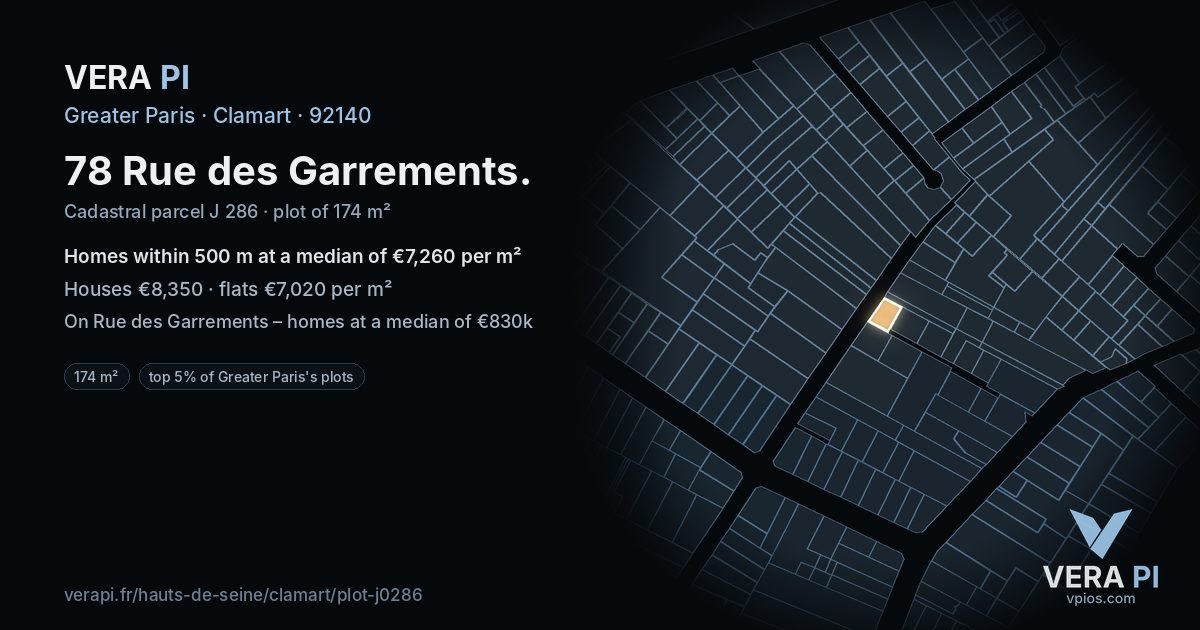 78 Rue des Garrements, Clamart at night – the plot lit, the parcels around coloured by the prices near them