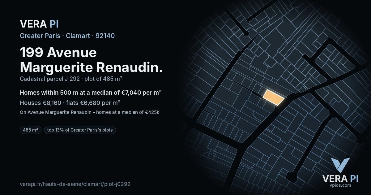 199 Avenue Marguerite Renaudin, Clamart at night – the plot lit, the parcels around coloured by the prices near them