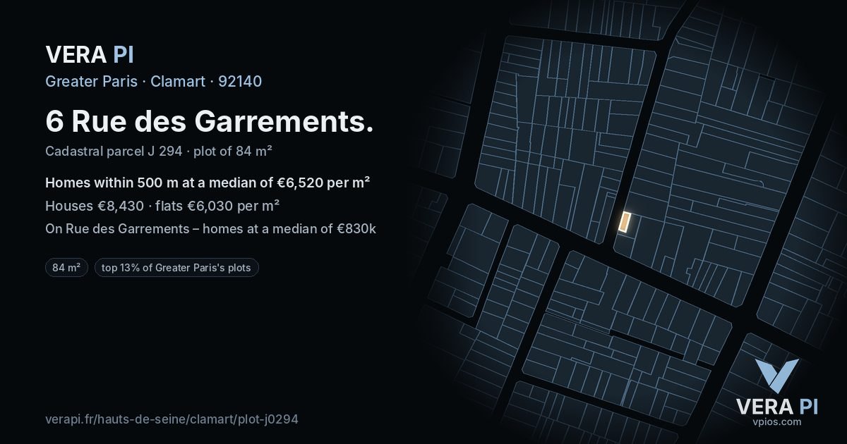 6 Rue des Garrements, Clamart at night – the plot lit, the parcels around coloured by the prices near them
