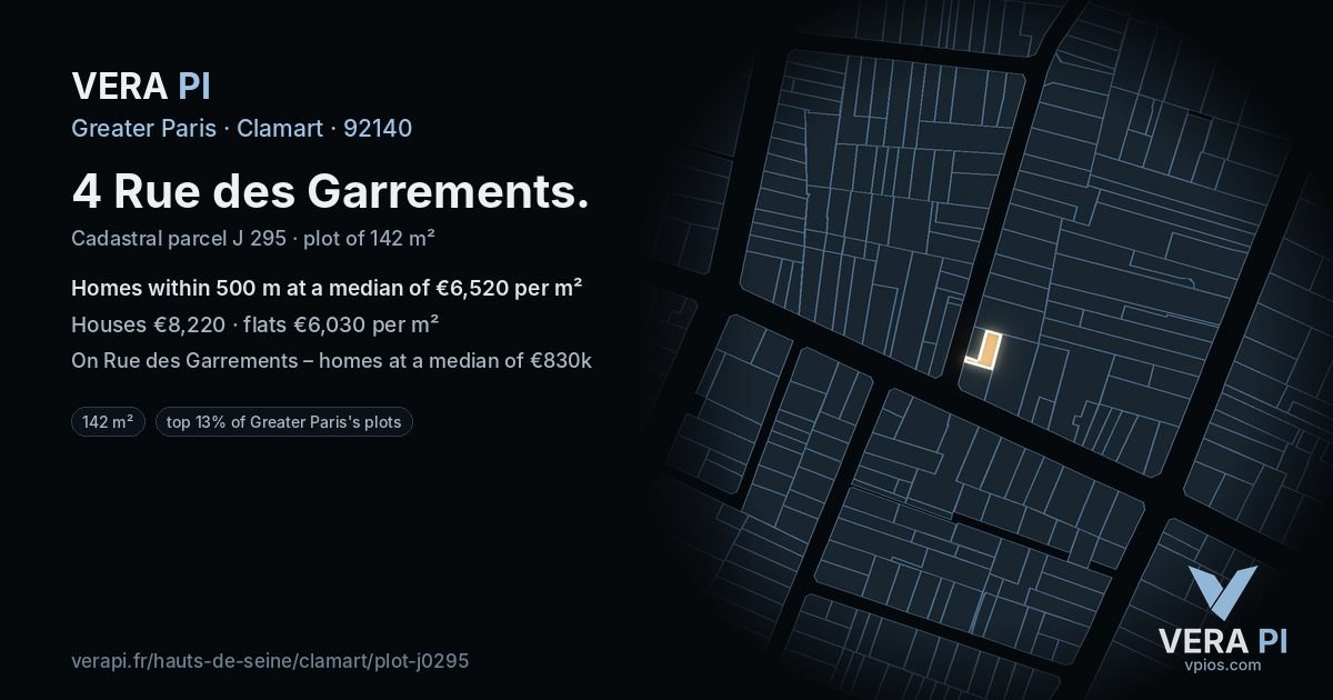 4 Rue des Garrements, Clamart at night – the plot lit, the parcels around coloured by the prices near them