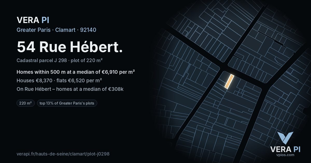 54 Rue Hébert, Clamart at night – the plot lit, the parcels around coloured by the prices near them