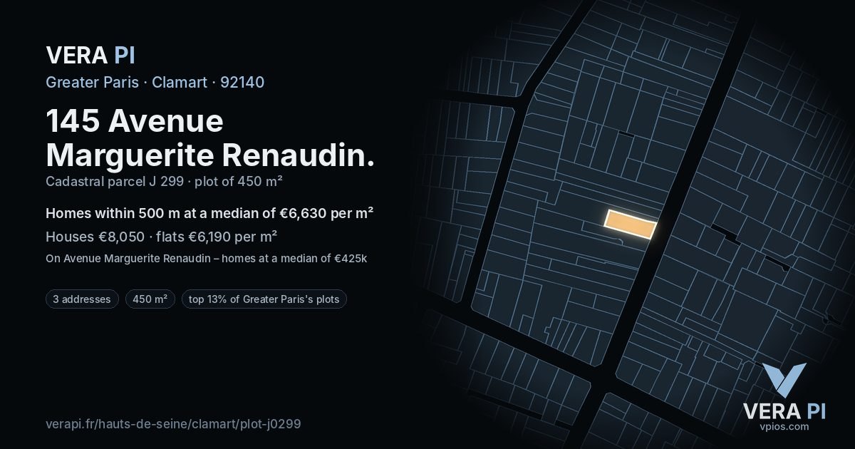145 Avenue Marguerite Renaudin, Clamart at night – the plot lit, the parcels around coloured by the prices near them