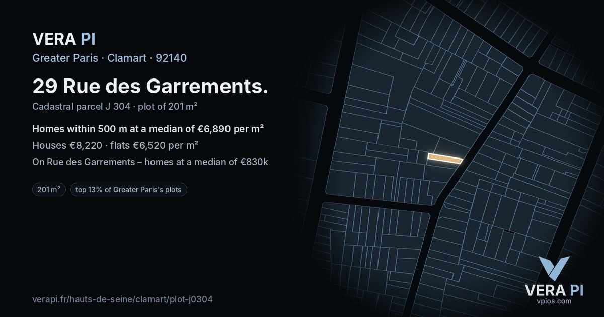 29 Rue des Garrements, Clamart at night – the plot lit, the parcels around coloured by the prices near them