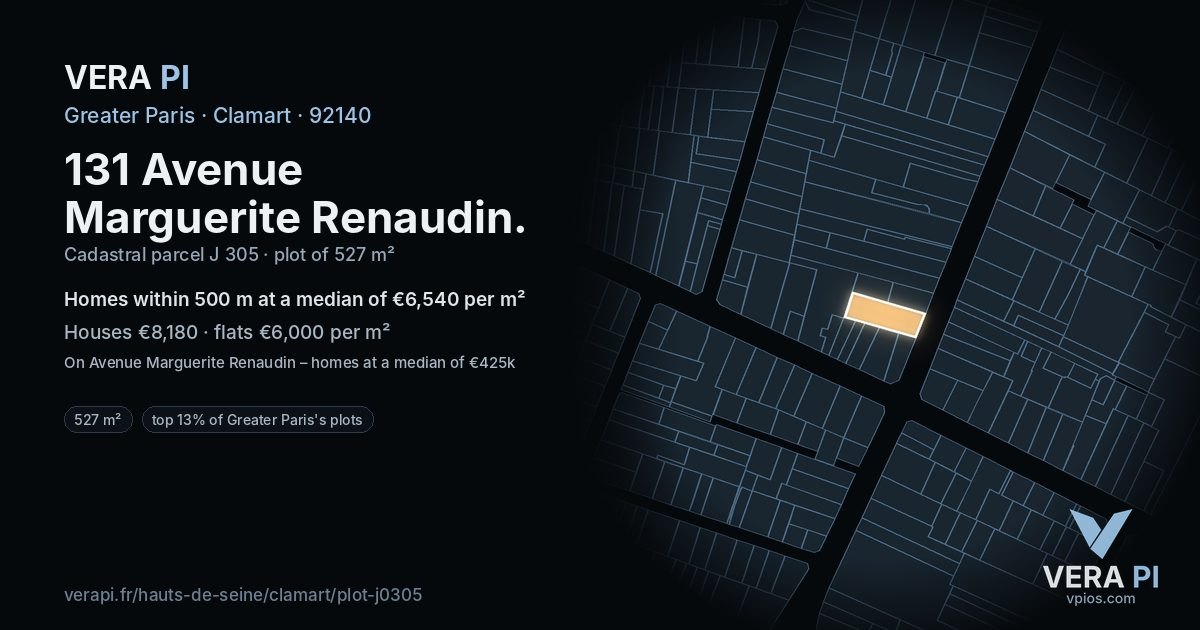 131 Avenue Marguerite Renaudin, Clamart at night – the plot lit, the parcels around coloured by the prices near them