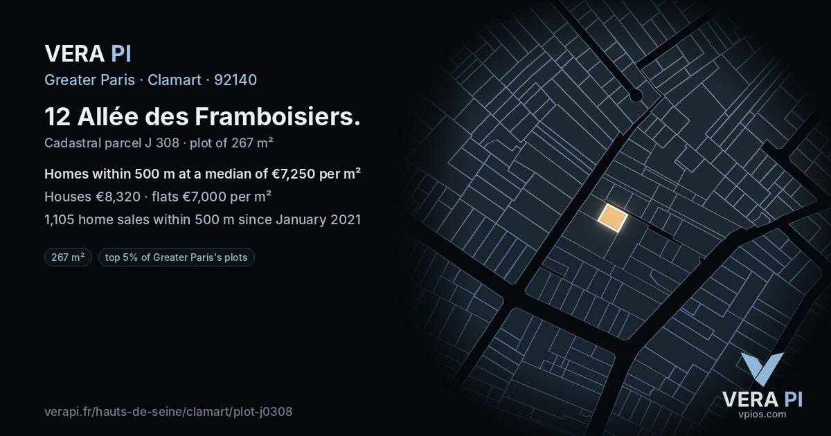 12 Allée des Framboisiers, Clamart at night – the plot lit, the parcels around coloured by the prices near them