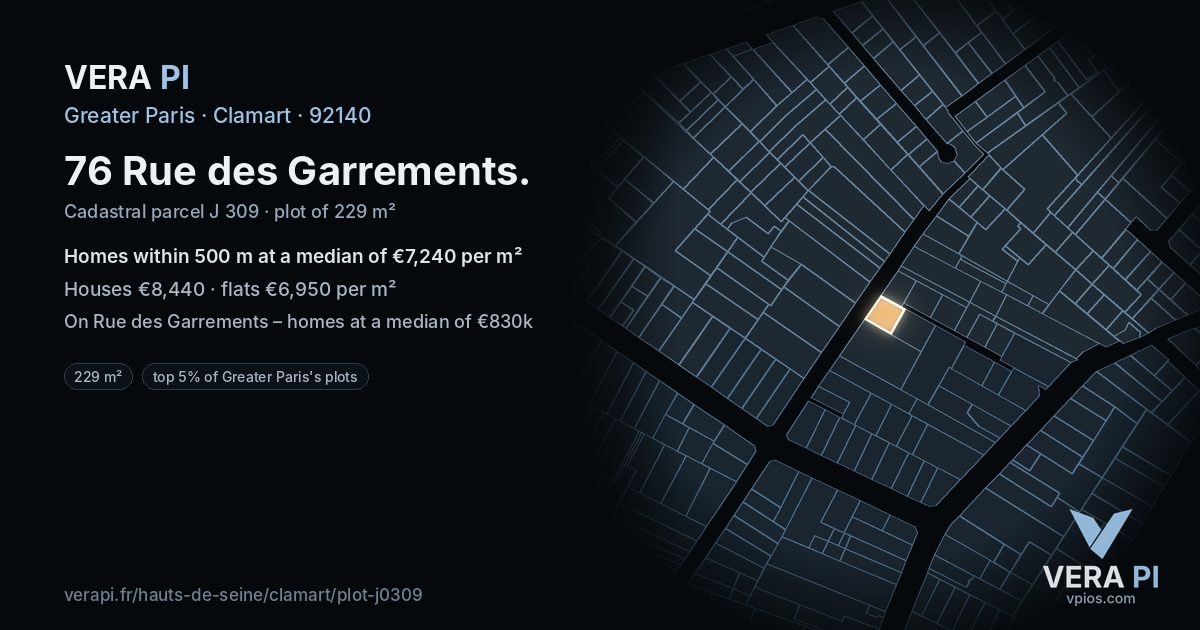 76 Rue des Garrements, Clamart at night – the plot lit, the parcels around coloured by the prices near them