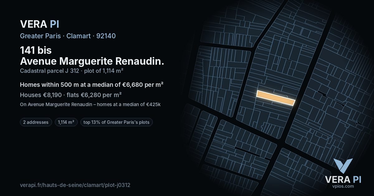 141 bis Avenue Marguerite Renaudin, Clamart at night – the plot lit, the parcels around coloured by the prices near them
