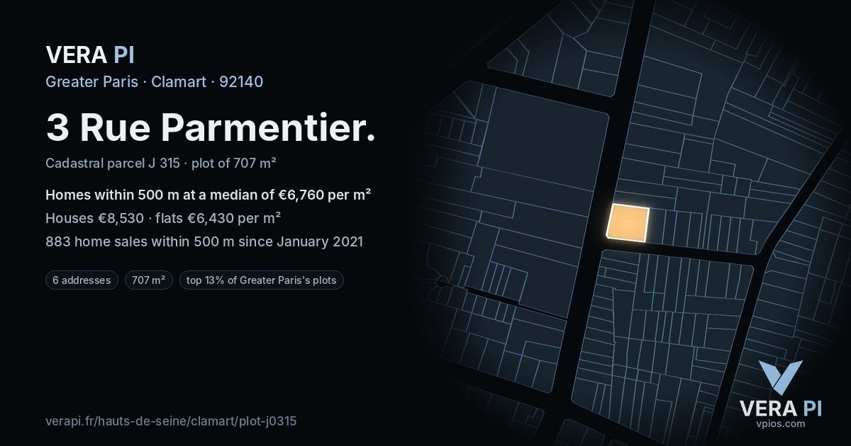 3 Rue Parmentier, Clamart at night – the plot lit, the parcels around coloured by the prices near them
