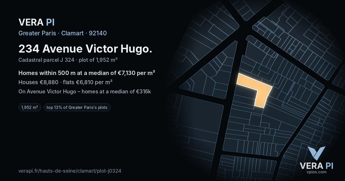 234 Avenue Victor Hugo, Clamart at night – the plot lit, the parcels around coloured by the prices near them
