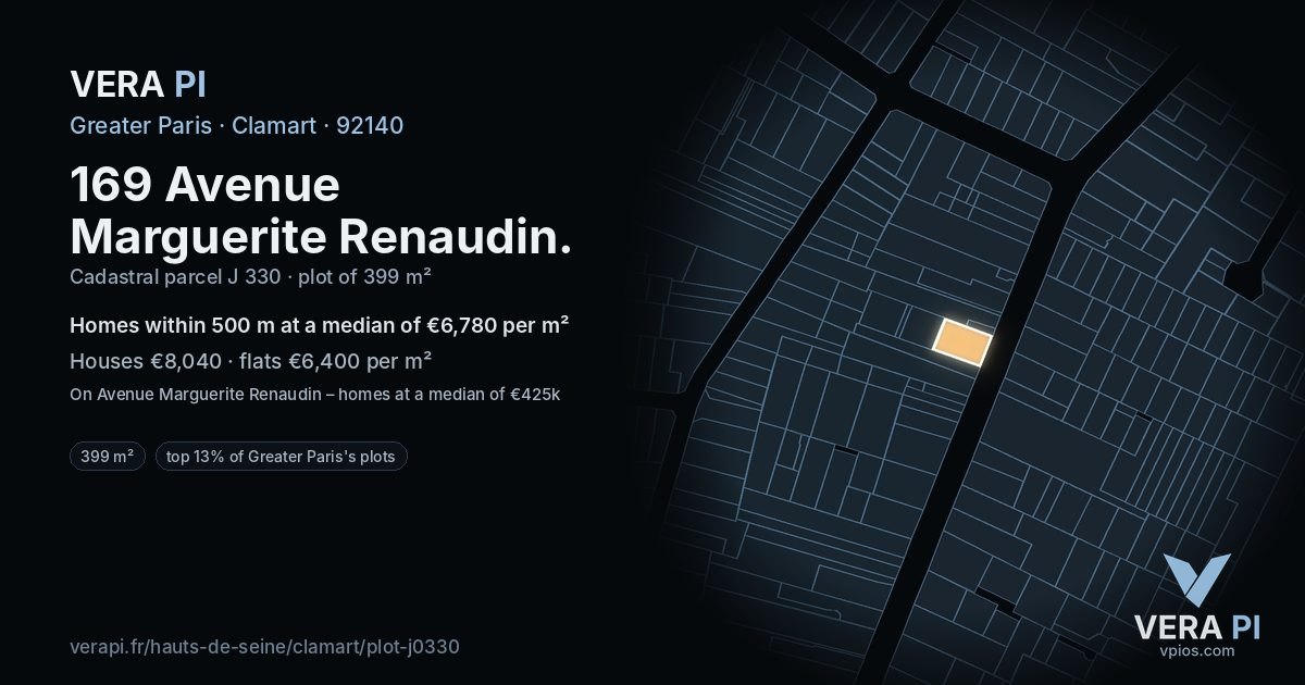 169 Avenue Marguerite Renaudin, Clamart at night – the plot lit, the parcels around coloured by the prices near them