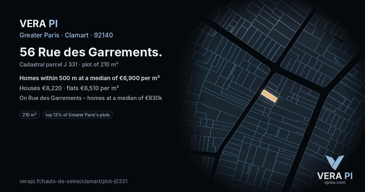 56 Rue des Garrements, Clamart at night – the plot lit, the parcels around coloured by the prices near them