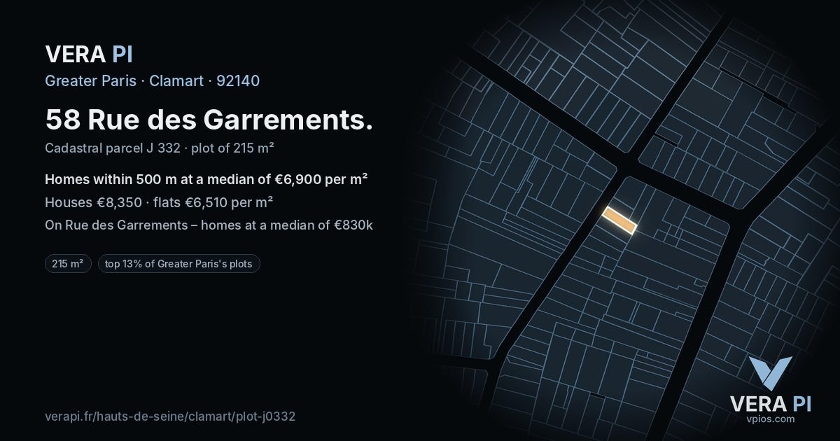 58 Rue des Garrements, Clamart at night – the plot lit, the parcels around coloured by the prices near them