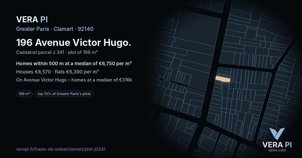 196 Avenue Victor Hugo, Clamart at night – the plot lit, the parcels around coloured by the prices near them