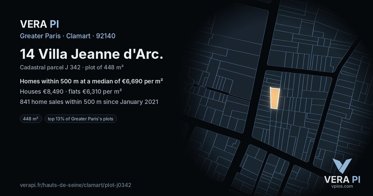 14 Villa Jeanne d'Arc, Clamart at night – the plot lit, the parcels around coloured by the prices near them
