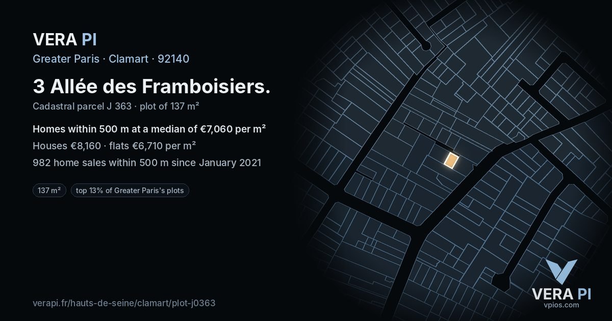3 Allée des Framboisiers, Clamart at night – the plot lit, the parcels around coloured by the prices near them