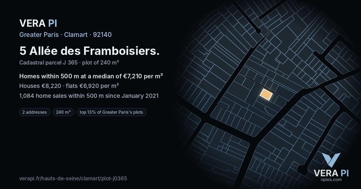 5 Allée des Framboisiers, Clamart at night – the plot lit, the parcels around coloured by the prices near them