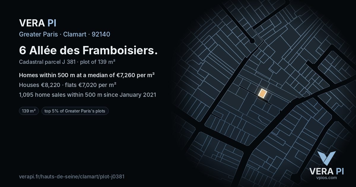 6 Allée des Framboisiers, Clamart at night – the plot lit, the parcels around coloured by the prices near them