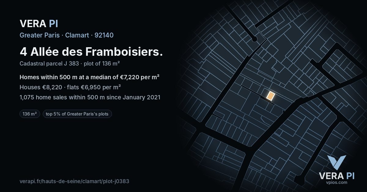 4 Allée des Framboisiers, Clamart at night – the plot lit, the parcels around coloured by the prices near them