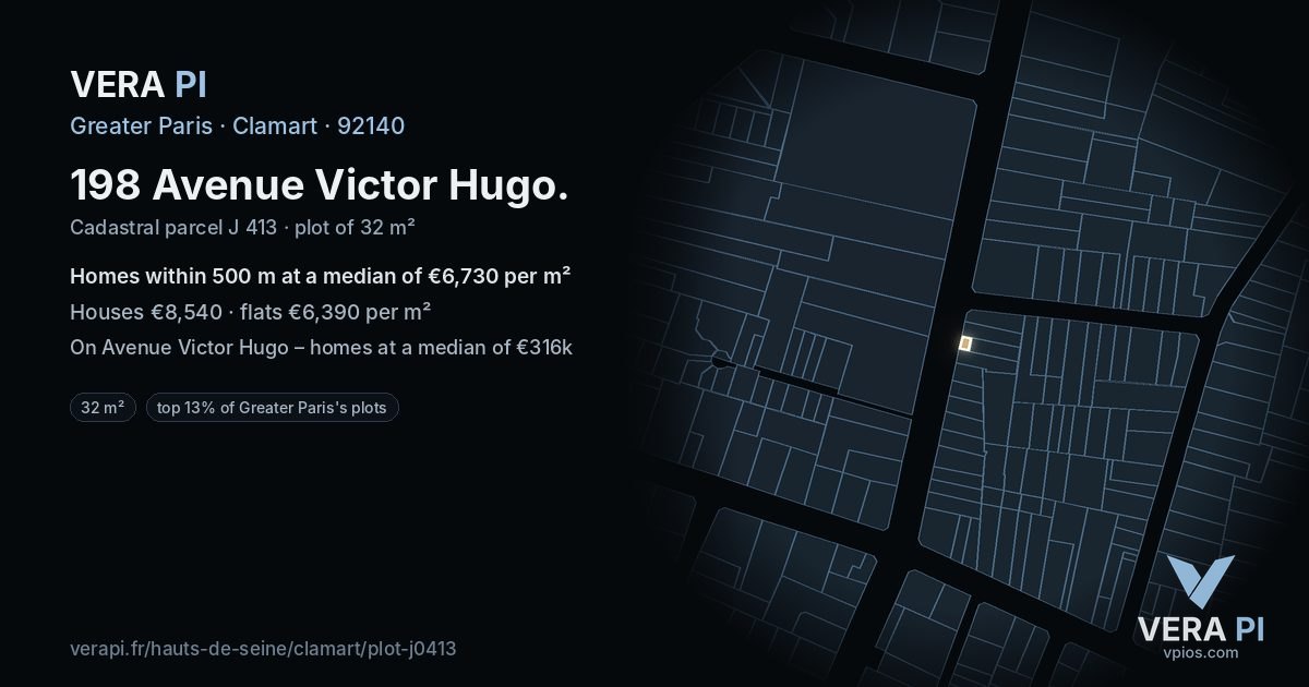 198 Avenue Victor Hugo, Clamart at night – the plot lit, the parcels around coloured by the prices near them