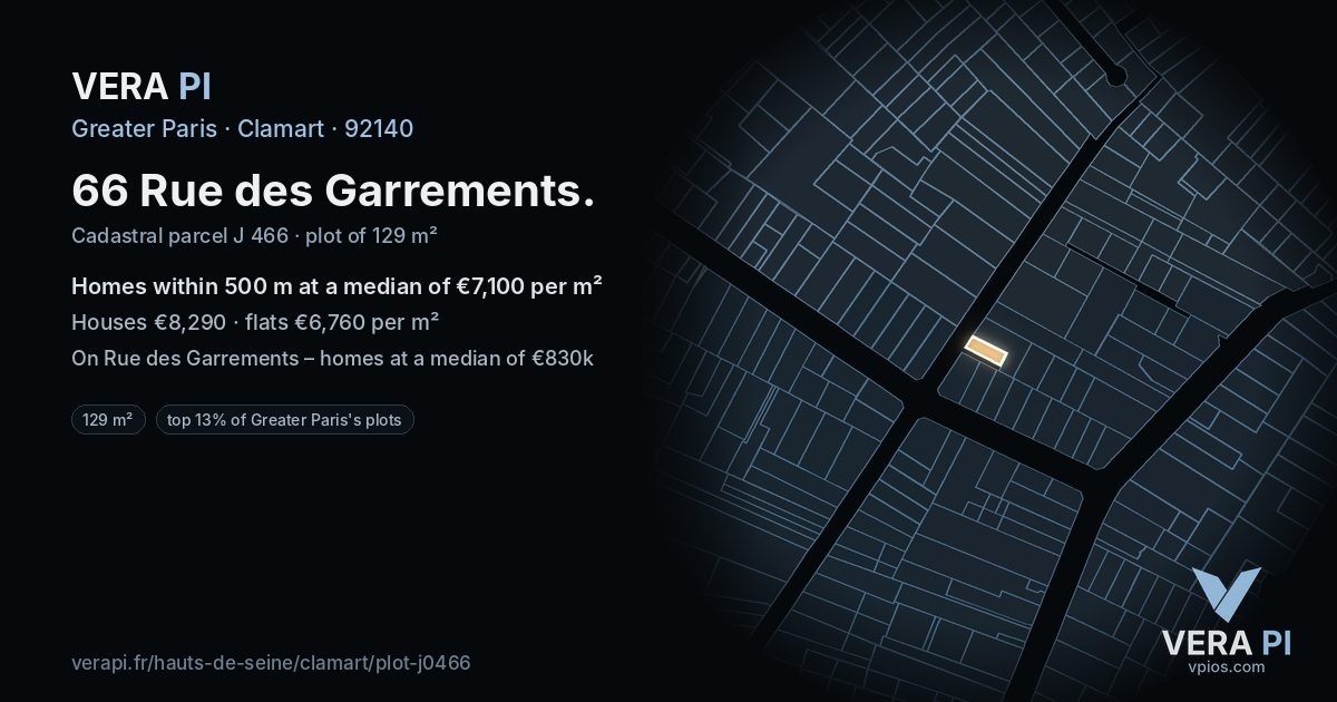 66 Rue des Garrements, Clamart at night – the plot lit, the parcels around coloured by the prices near them