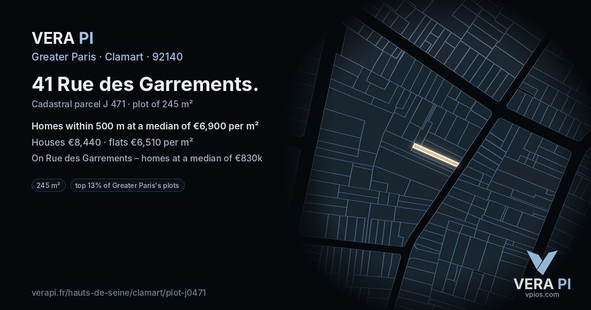 41 Rue des Garrements, Clamart at night – the plot lit, the parcels around coloured by the prices near them