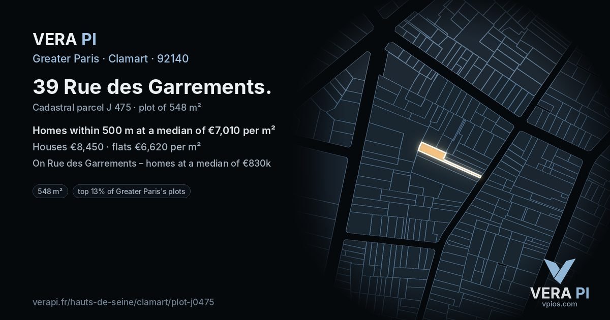 39 Rue des Garrements, Clamart at night – the plot lit, the parcels around coloured by the prices near them