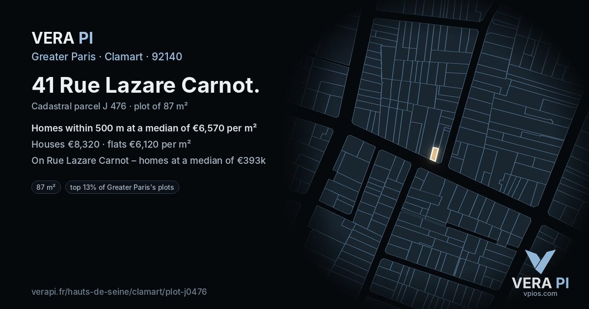 41 Rue Lazare Carnot, Clamart at night – the plot lit, the parcels around coloured by the prices near them
