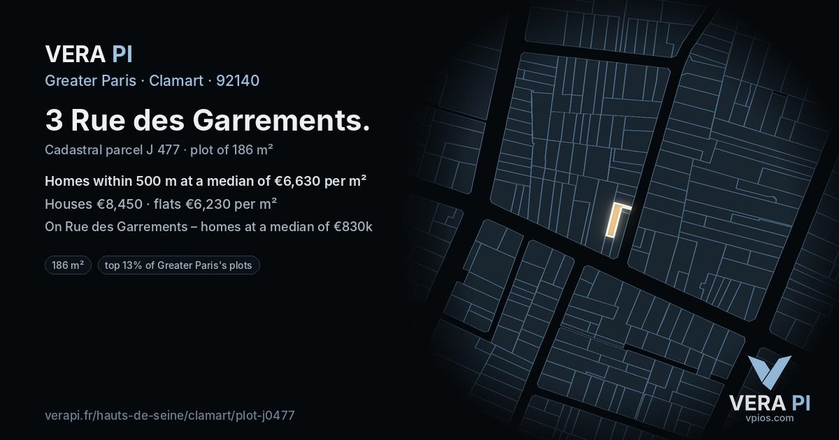 3 Rue des Garrements, Clamart at night – the plot lit, the parcels around coloured by the prices near them
